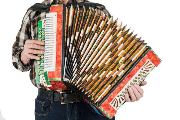 Musiker Hand Spielt Akkordeons Nahaufnahme Isoliert Auf Weißem Hintergrund — Stockfoto