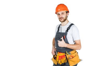 Bir adam oluşturucu bir el hareketi gösterir. Onarım ve inşaat. Beyaz arka plan üzerinde yalıtılmış