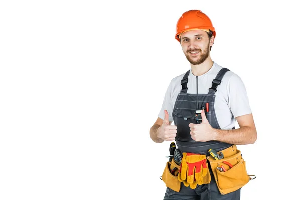 Man Builder Shows Hand Gesture Repair Construction Isolated White Background — Stock Photo, Image