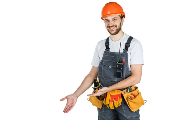 Construtor Homens Mostra Algo Isolado Sobre Fundo Branco — Fotografia de Stock