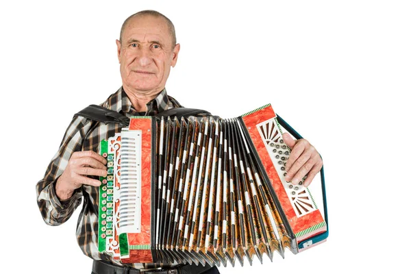 Porträt Eines Mannes Großvater Spielt Ziehharmonika Isoliert Auf Weißem Hintergrund — Stockfoto