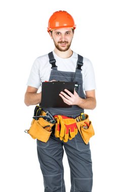 Builder panoya yazar. Beyaz adam izole