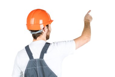 Bir inşaat adam sırtını anlamına gelir ve elini gösterir. Repa