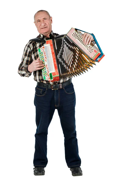 Portrait of a man, grandfather playing the accordion. Isolated o — Stock Photo, Image