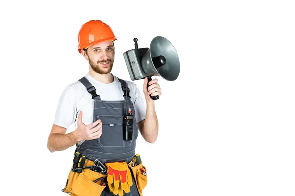 Man Builder Says Megaphone Isolated White Background — Stock Photo, Image