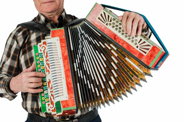 Musician Hand Playing Accordions Closeup Isolated White Background — Stock Photo, Image