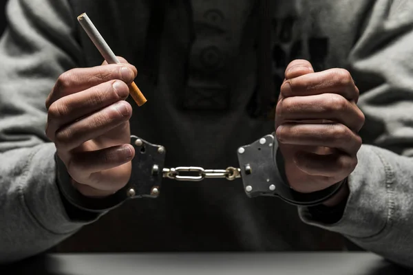 Drug Addict Arrested Handcuffs Smoking Cigarette Gray Sweatshirt Suffers Addiction — Stock Photo, Image
