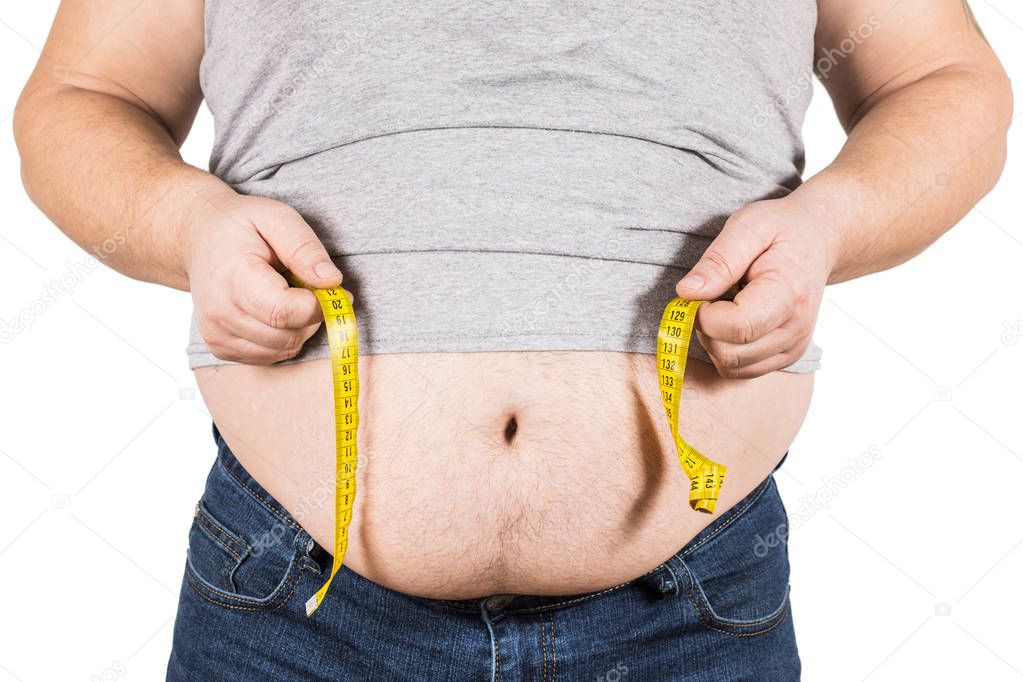 Thick mature man measuring belly yellow measuring tape isolated on white background
