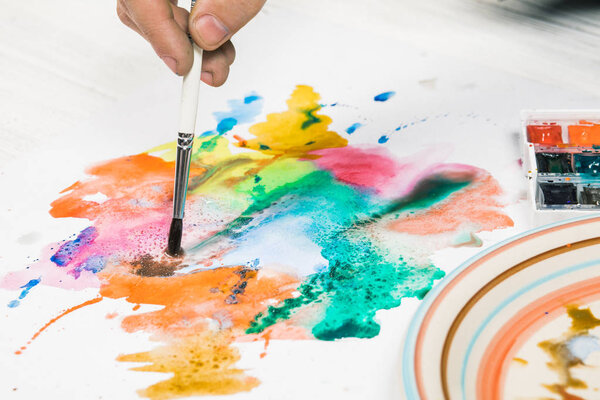 A person begins to paint on a sheet of paper with watercolors.