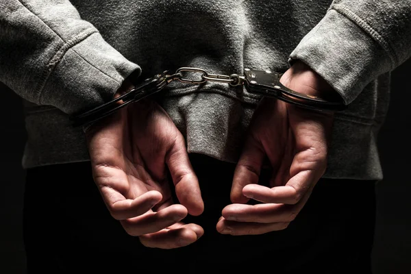 Close Man Hands Handcuffed Concept Violence Black Background — Stock Photo, Image