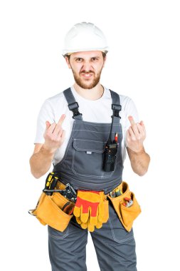 Bir oluşturucu veya koruyucu kask bir çalışan bir el hareketi gösterir. Beyaz arka plan üzerinde yalıtılmış