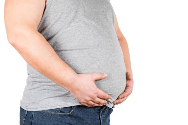 Fazla kilo olan kişi. Beyaz arka plan üzerinde izole