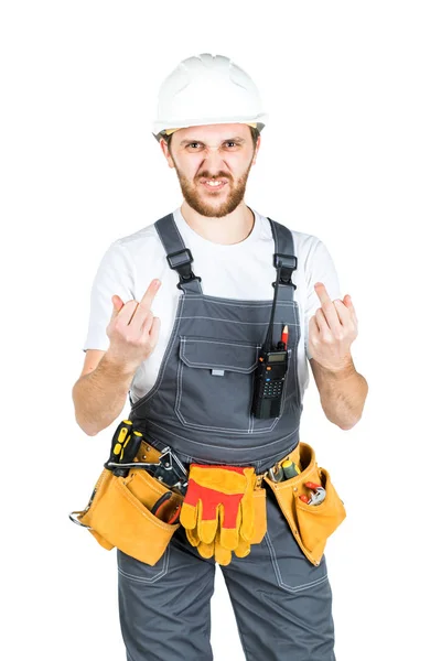 Builder Employee Protective Helmet Shows Hand Gesture Isolated White Background — Stock Photo, Image