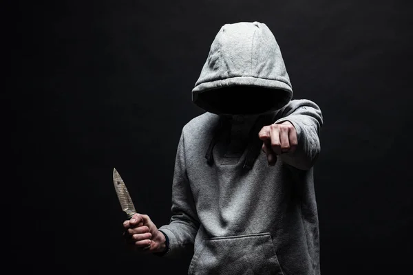 Dangerous Man Hood Stands Dark Holds Knife Face Visible Concept — Stock Photo, Image
