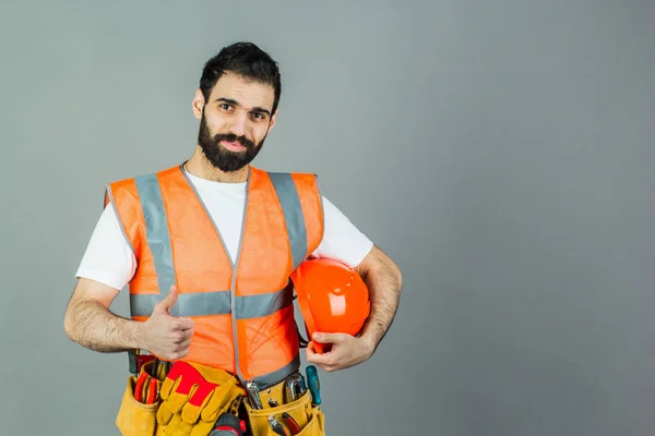 Studio Portrait Builder Gray Background — Stock Photo, Image