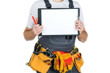 Clipboa için temiz bir sayfa gösterilen bir inşaat adam