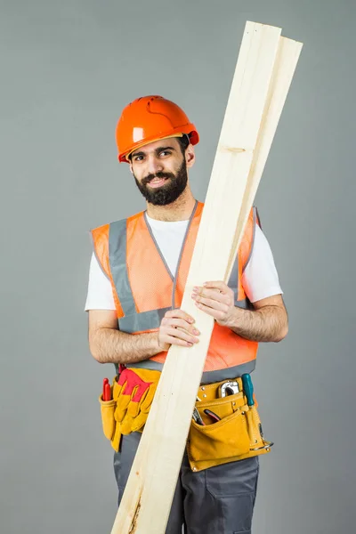 Konstruktion Man Med Brädor Eller Laminat Hans Händer Reparation Och — Stockfoto