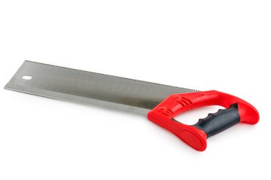 red hand saw and aluminum miter box for hobby in home workshop