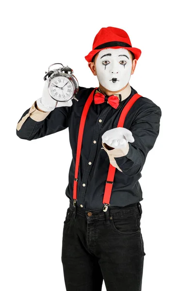 Buffo clown con orologio isolato su sfondo bianco . — Foto Stock