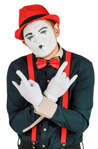 Clown with red suspenders and red hat on white background — Stock Photo, Image