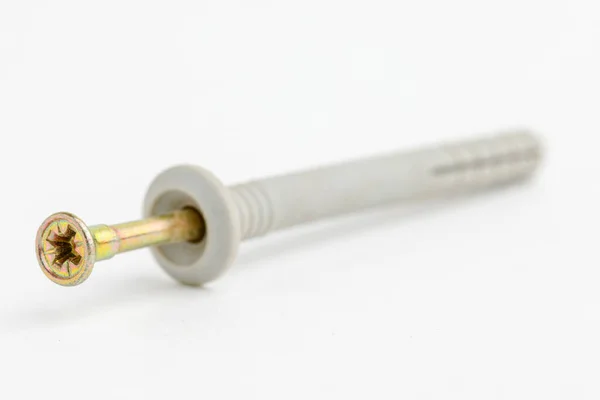 Brass metal screw with plastic dowel. — Stock Photo, Image