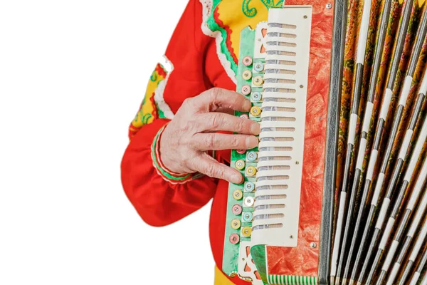 Ein Mann in Tracht spielt Akkordeon. Isoliert auf einem W — Stockfoto