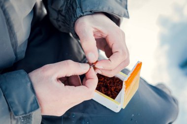 Men's hands with bait for winter fishing. clipart