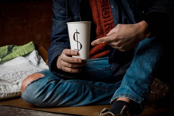 Man Begs Holding White Paper Cup Concept Homelessness Poverty — Stock Photo, Image