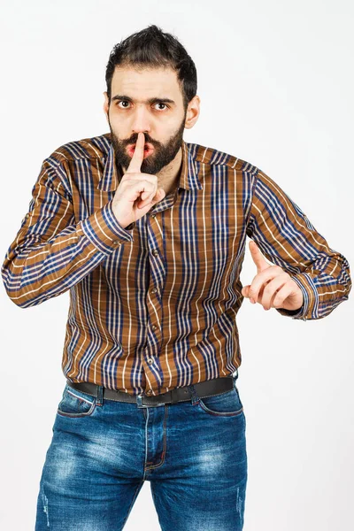 Homem Meia Idade Jeans Desbotados Camisa Fundo Branco Mostrando Emoções — Fotografia de Stock