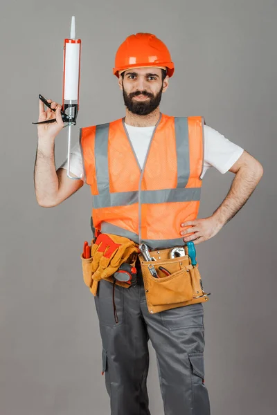 Middle Aged Male Builder Uniform Grey Background — Stock Photo, Image