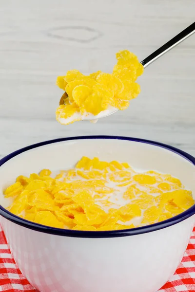 Bol Cuillère Avec Des Flocons Maïs Petit Déjeuner Sain Industrie — Photo