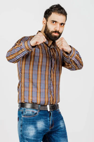 Homem Meia Idade Jeans Desbotados Camisa Fundo Branco Mostrando Emoções — Fotografia de Stock