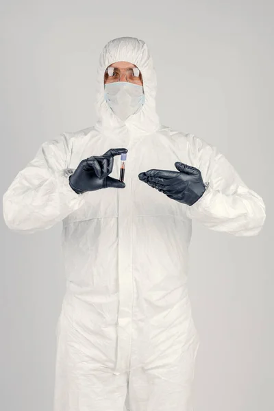 Test Tube Man Hand Close Man Medical Mask Holding Bottle — Stock Photo, Image