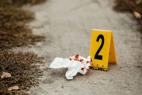 Crime Scene Investigation Bloody Knife Crime Markers Ground Evidence Murder — Stock Photo, Image