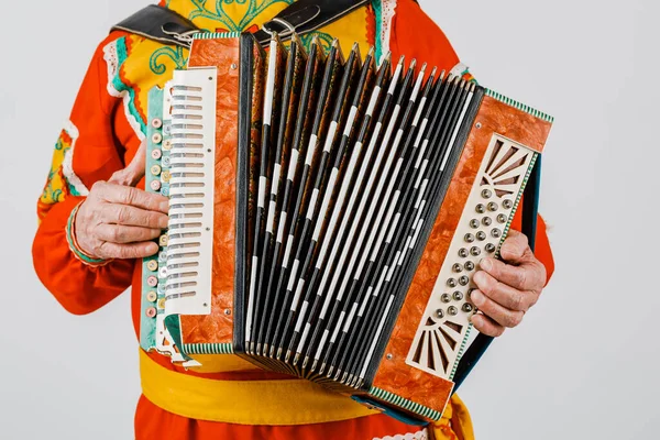 Ein Mann Tracht Spielt Akkordeon Isoliert Auf Weißem Hintergrund — Stockfoto