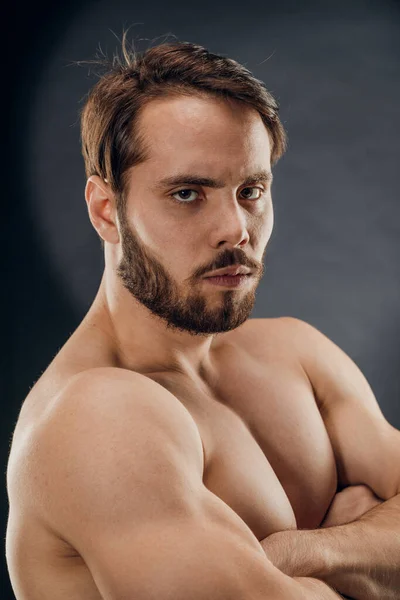 Hombre Musculoso Guapo Sin Camiseta Posa Para Fotógrafo Estudio Fotografía — Foto de Stock