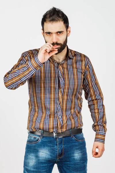 Man Van Middelbare Leeftijd Vervaagde Jeans Shirt Witte Achtergrond Met — Stockfoto