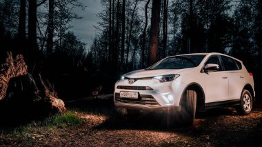 Rusya, Tambov 3.05.2020. Ormanda spor ve modern tasarımı olan beyaz bir SUV park halinde. Toyota RAW4.