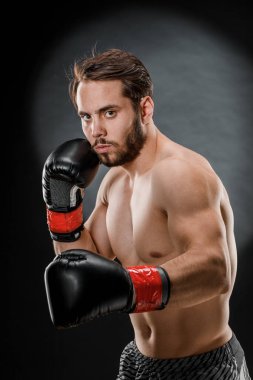 Boks eldivenli bir adam. Siyah arka planda boks yapan bir adam. Sağlıklı yaşam tarzı kavramı.