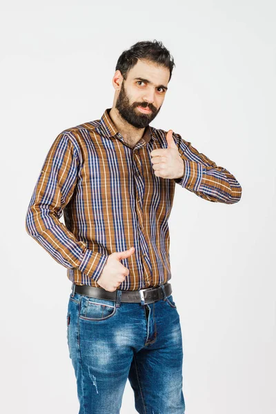 Homem Meia Idade Jeans Desbotados Camisa Fundo Branco Mostrando Emoções — Fotografia de Stock