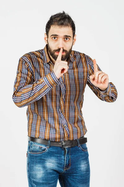 Homem Meia Idade Jeans Desbotados Camisa Fundo Branco Mostrando Emoções — Fotografia de Stock