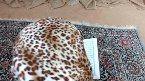 A girl reading the Koran sitting on a beautiful carpet. — Stock Video