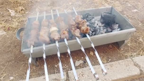 La carne se fríe en la parrilla . — Vídeos de Stock