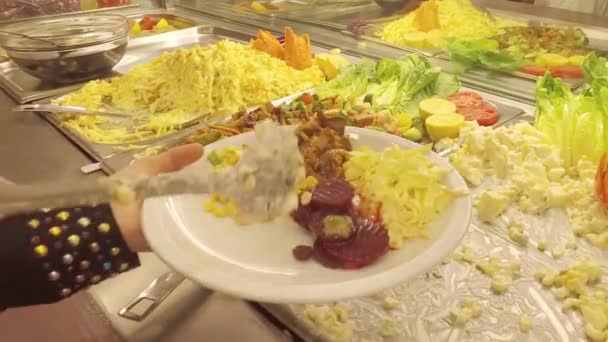 Девушка кладет салаты в тарелку . — стоковое видео