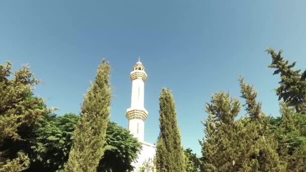 Bela vista do minarete através das árvores 2 . — Vídeo de Stock