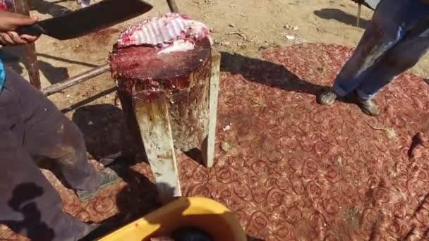 Мясник режет мясо большим ножом — стоковое видео