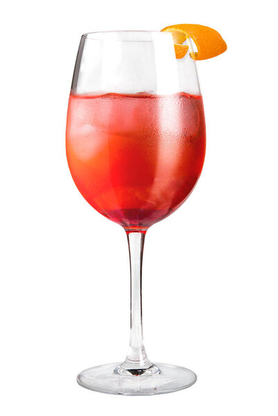 Refreshing cocktail with orange peel decoration on white background