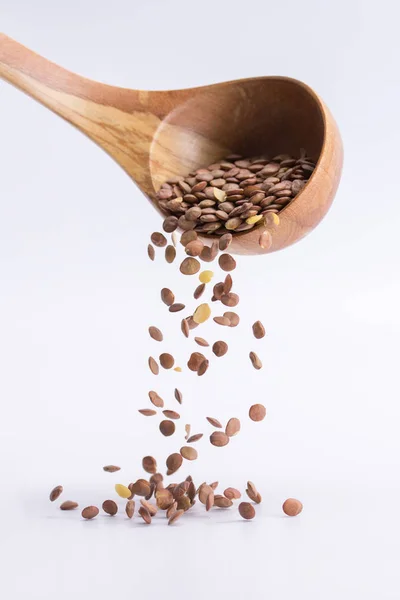 Spoon of lentil falling on a white background — Stock Photo, Image