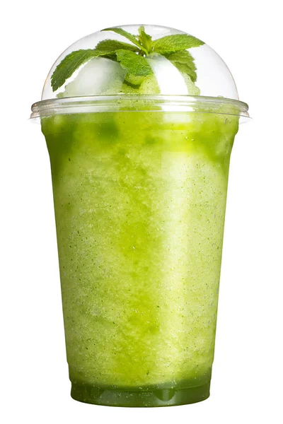 Take-away içki. Plastik bir kap içinde serinletici içecek. Kivi ve nane tadı ile yeşil smoothies.