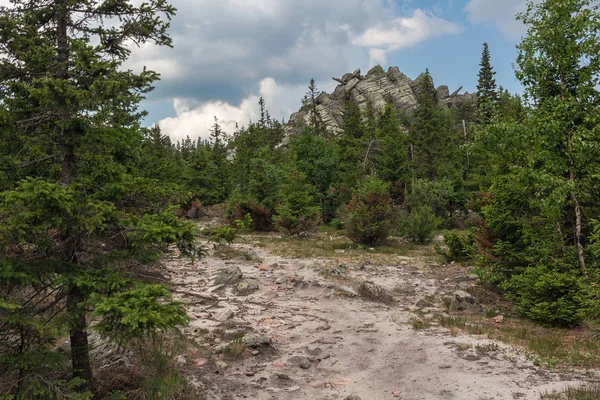 Chemins entre forêts et montagnes du sud de l'Oural. L'été dans les montagnes. Vue depuis les montagnes. La nature de l'Oural du Sud . — Photo